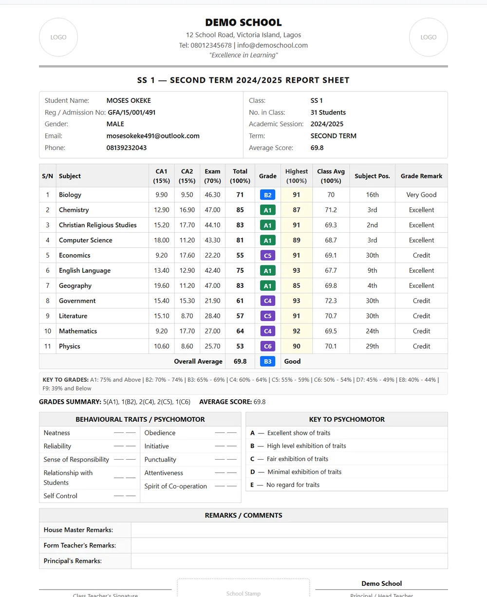 Printable student report sheet with school logo